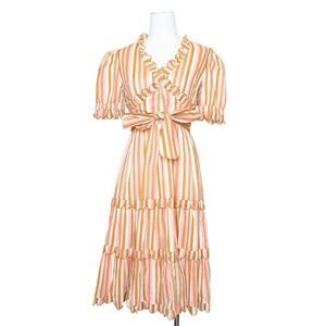 NEW Jessakae Tradition Dress S Orange Peach Stripe Tiered Puff Sleeve Midi